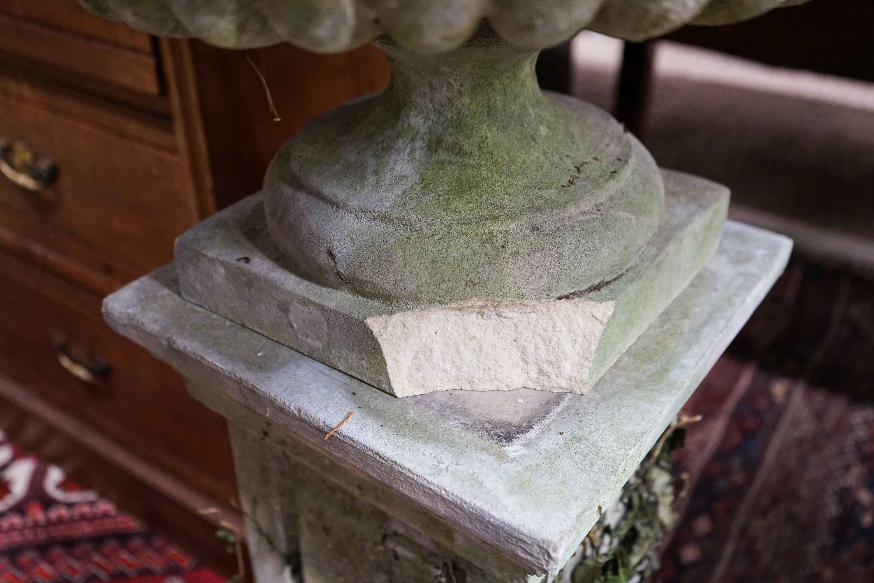 A reconstituted stone garden bird bath / sundial on square pedestal, height 110cm (a.f.)